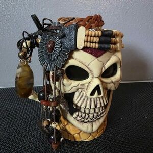 Beaded Tribal Skull Mug with Leather & Wooden Accents